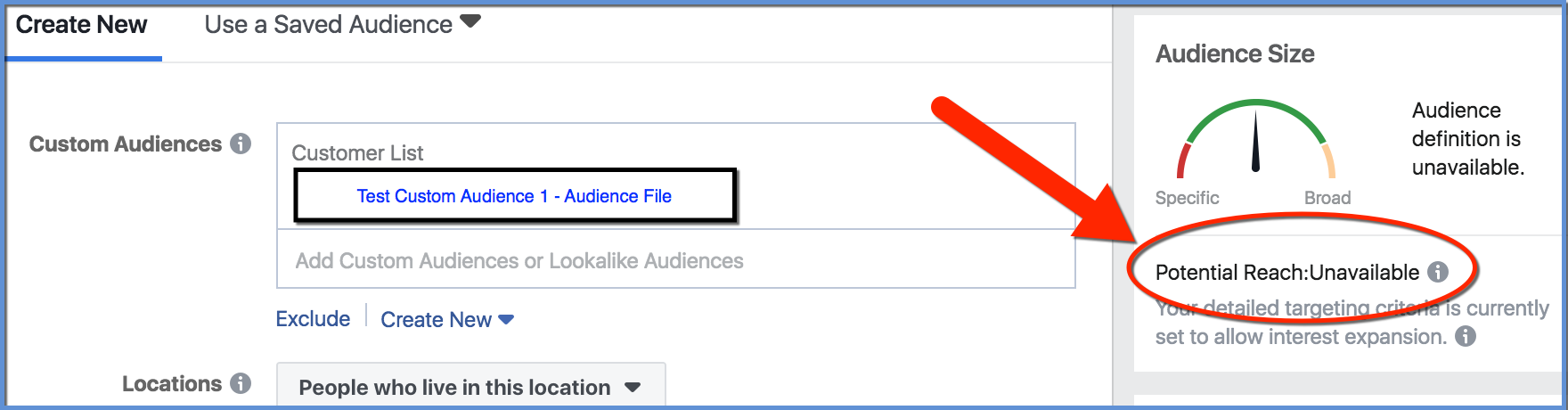 Facebook Custom Audience Potential Reach - Ads Manager - size unavailable