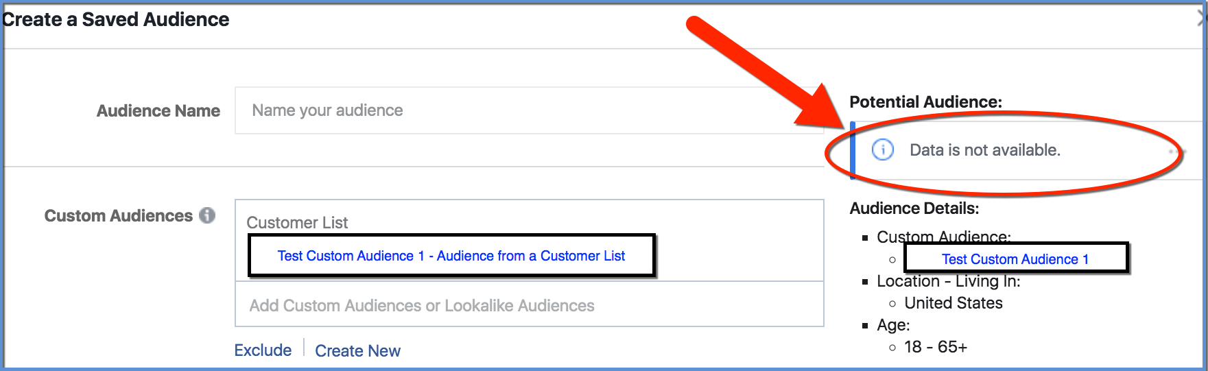 Facebook Custom Audience - used as base for Saved Audience - Size not available