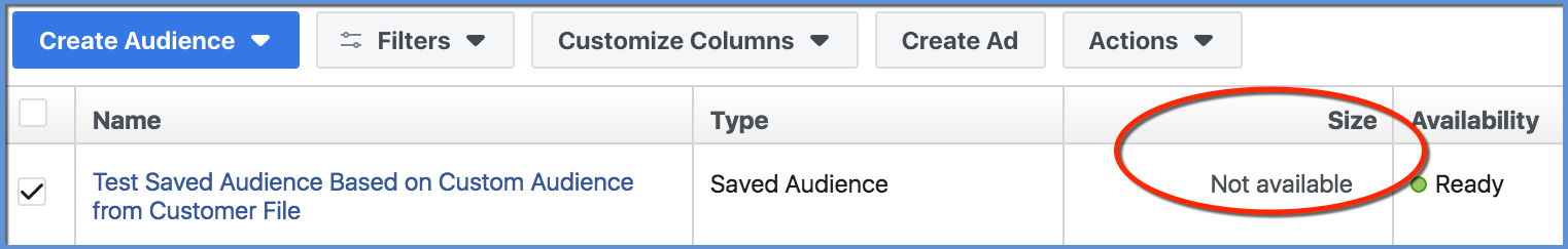 Facebook Saved Audience from Facebook Custom Audience - Size not available