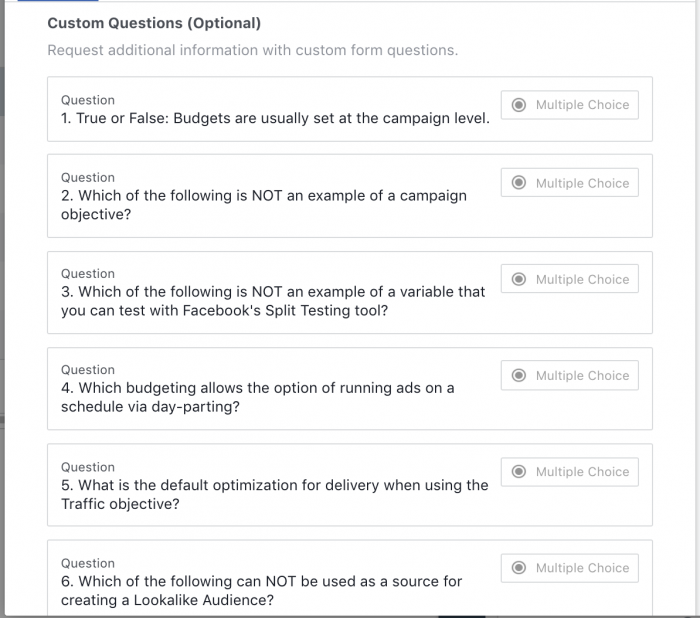 Facebook Lead Ad Form Quiz