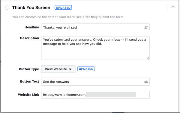 Facebook Lead Ad Form Quiz