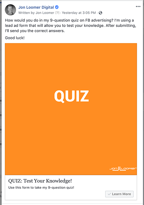 Facebook Lead Ad Quiz