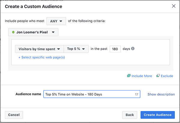 Time on Website Facebook Custom Audience