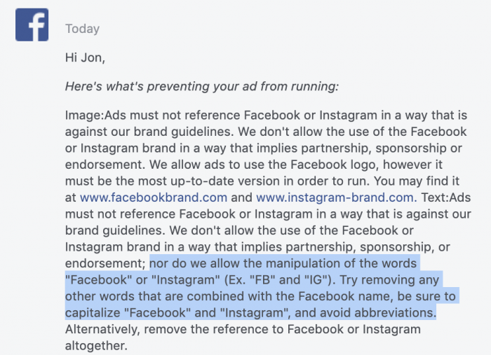 Facebook Ad Rejection Abbreviations