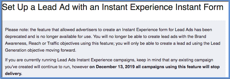 Lead Forms Instant Experience Deprecation