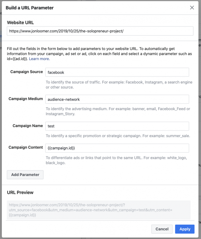 Facebook URL builder