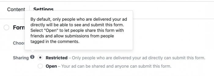 Facebook Lead Ad Form Settings