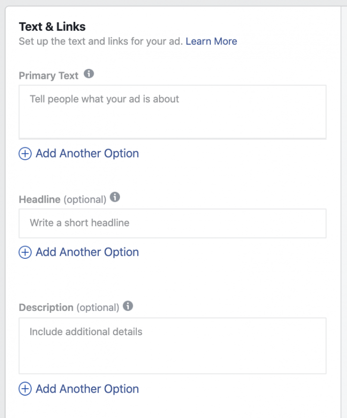 Facebook Ads Multiple Text Options