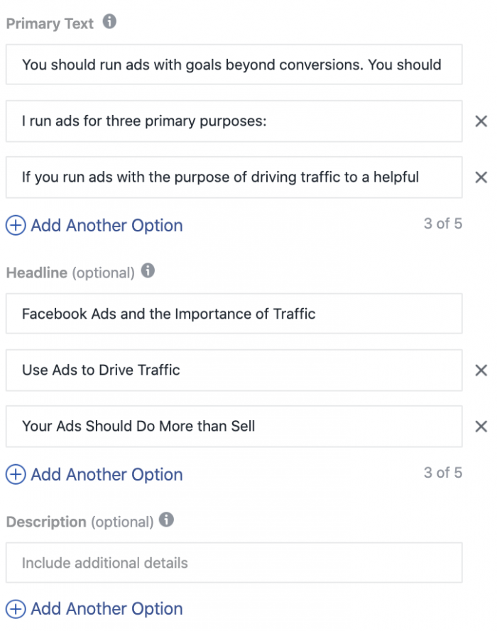 Facebook Ads Multiple Text Options