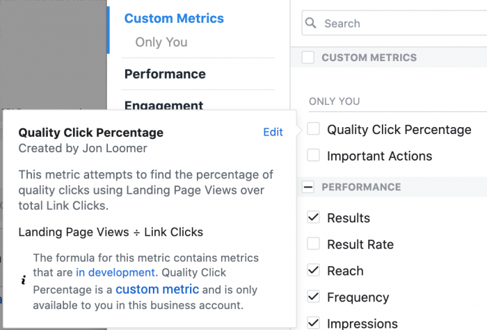 Facebook Ads Manager Custom Metrics