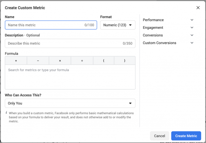 Facebook Ads Manager Custom Metrics