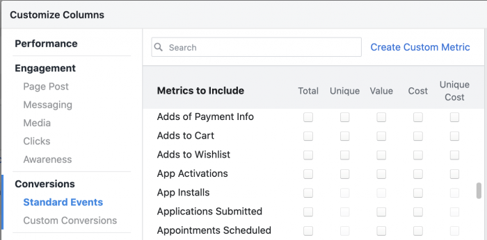 Customize Columns Facebook Pixel Events