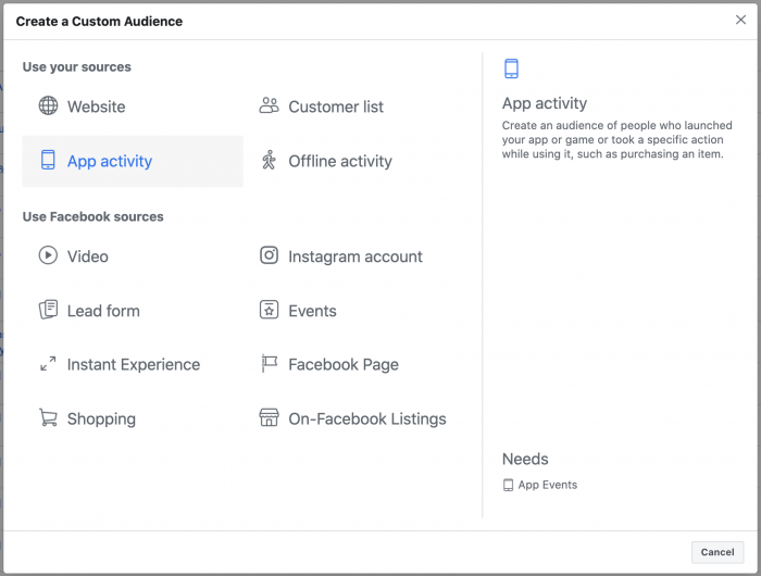 Facebook App Activity Custom Audience