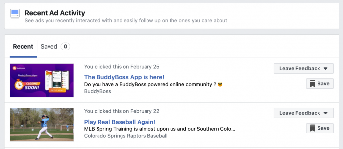 Facebook Recent Ad Activity