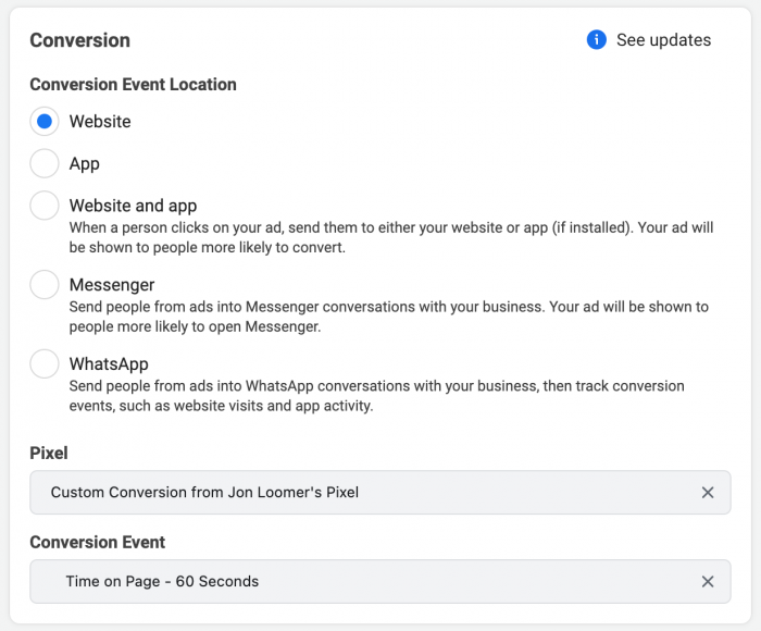 Facebook Time on Page Custom Conversion