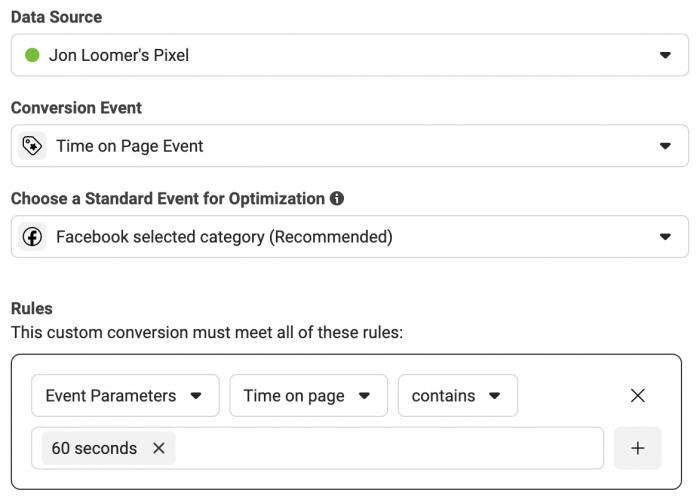 Facebook Time on Page Custom Conversion