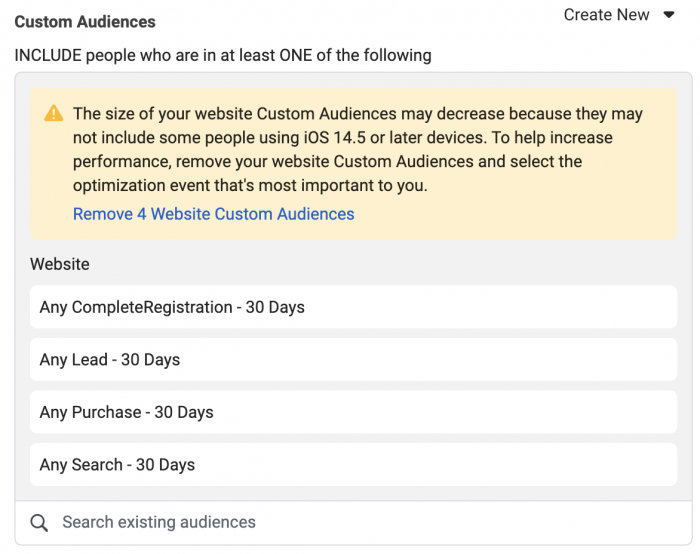 Facebook Website Custom Audience Events Targeting