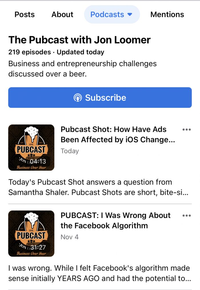 Facebook Page Podcast Section