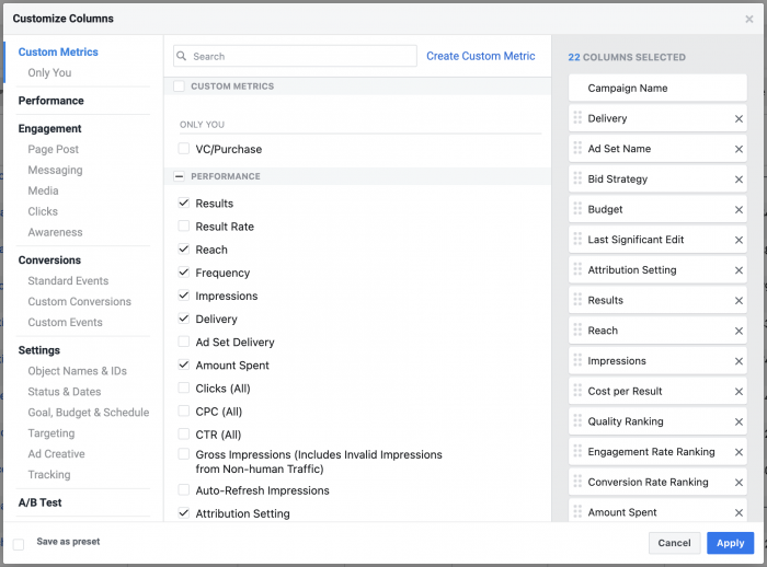 Facebook Ads Manager Customize Columns