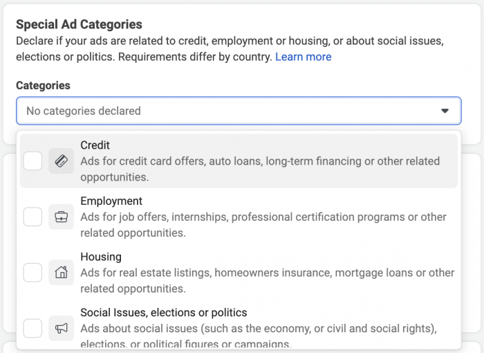 Facebook Special Ad Categories