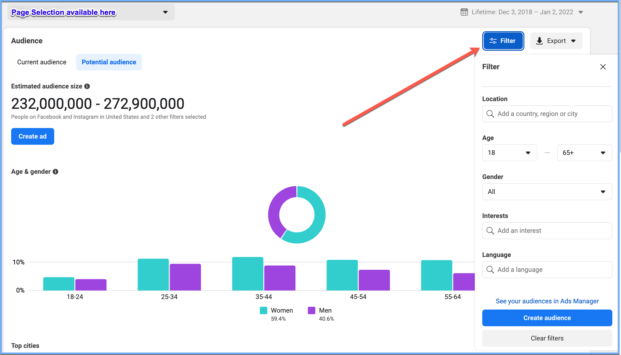 Audience Insights Filter options: Location, Age (shows 18 - 65+ currently), Gender (shows All currently)