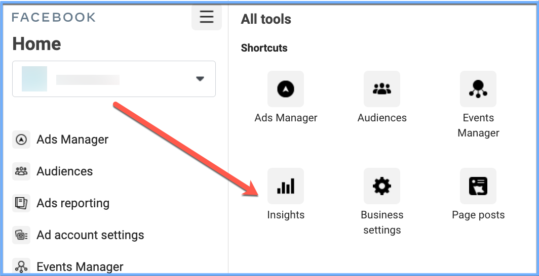 Epxansion Drop down options. Includes: Ads Manager, Audiences, Events Manager, Insights, Business Settings, and Page Posts as options.