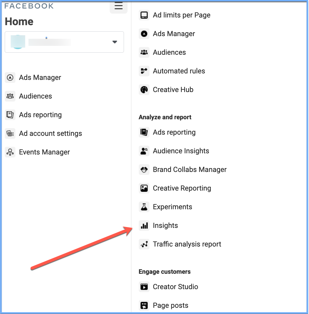 Business Manager tool options. Includes "Analyze and report" section, which has Ads Reporting, Audience Insights, Brand Collabs Manager, Creative Reporting, Experiments, Insights, and Traffic analysis report.