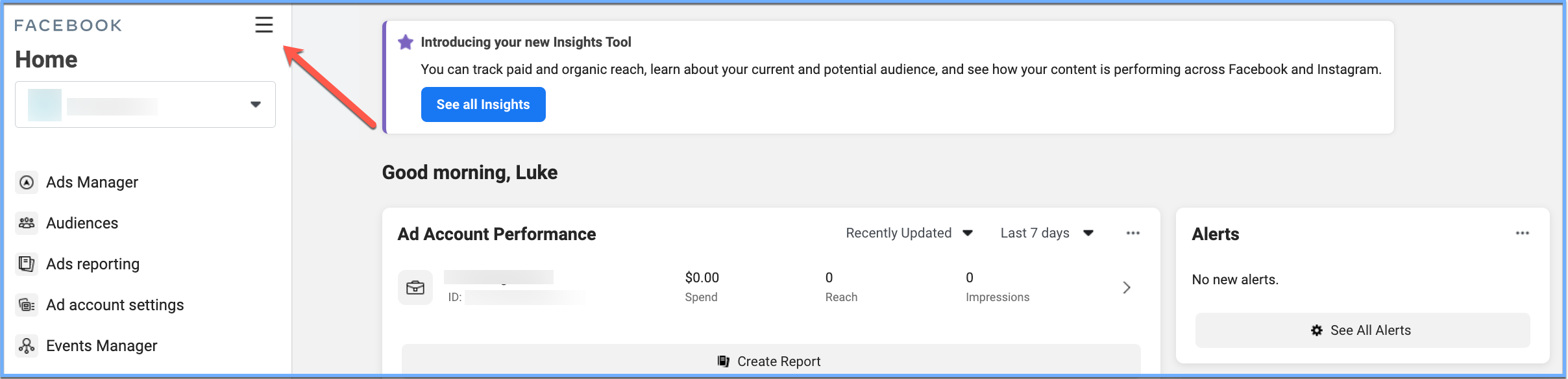 Business Manager home page. Navigation panel is available from the top left.