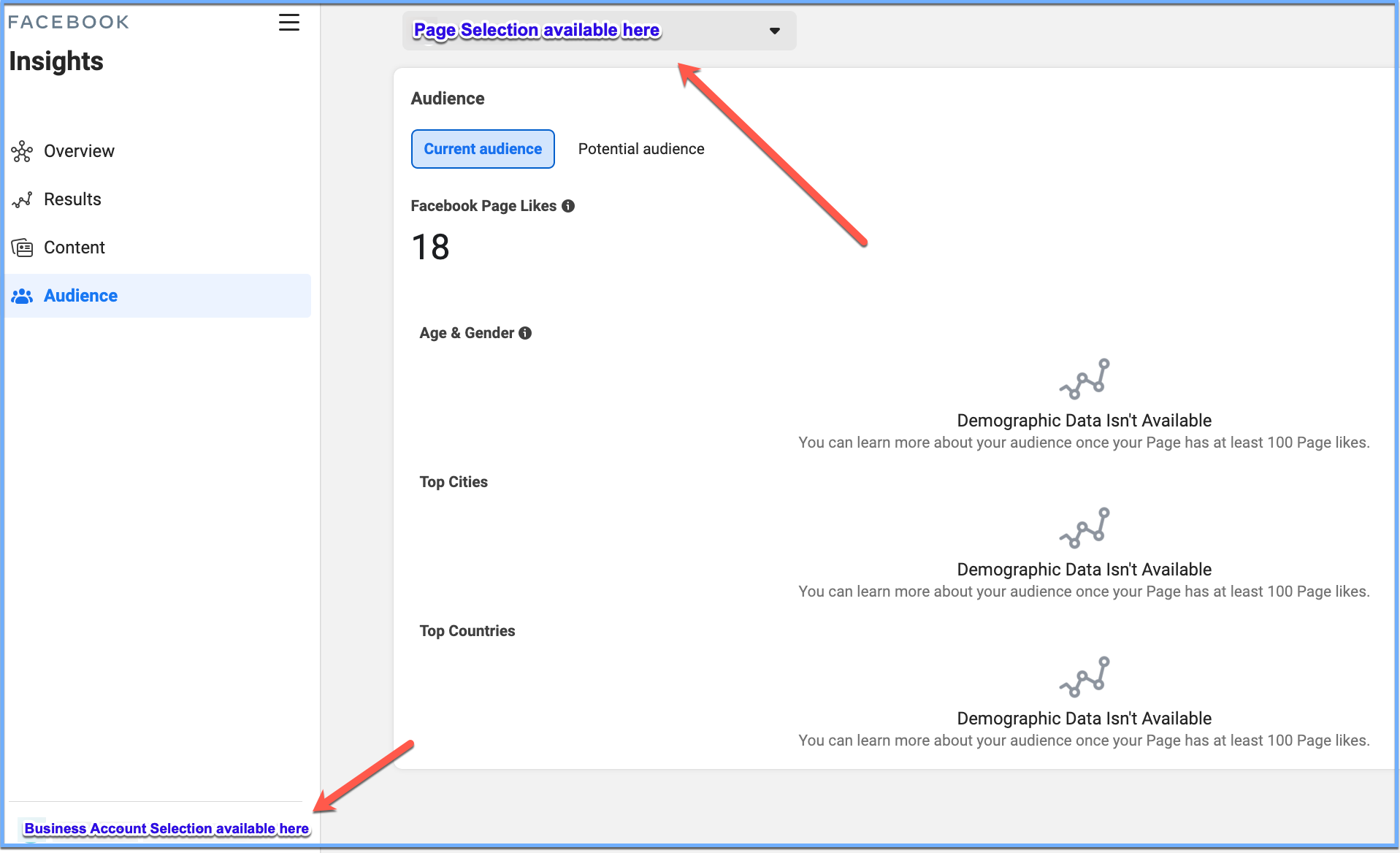 Audience Insights "Current audience" Selection. Page Selection available from drop down at top. Business Account selection available from drop down at bottom left.