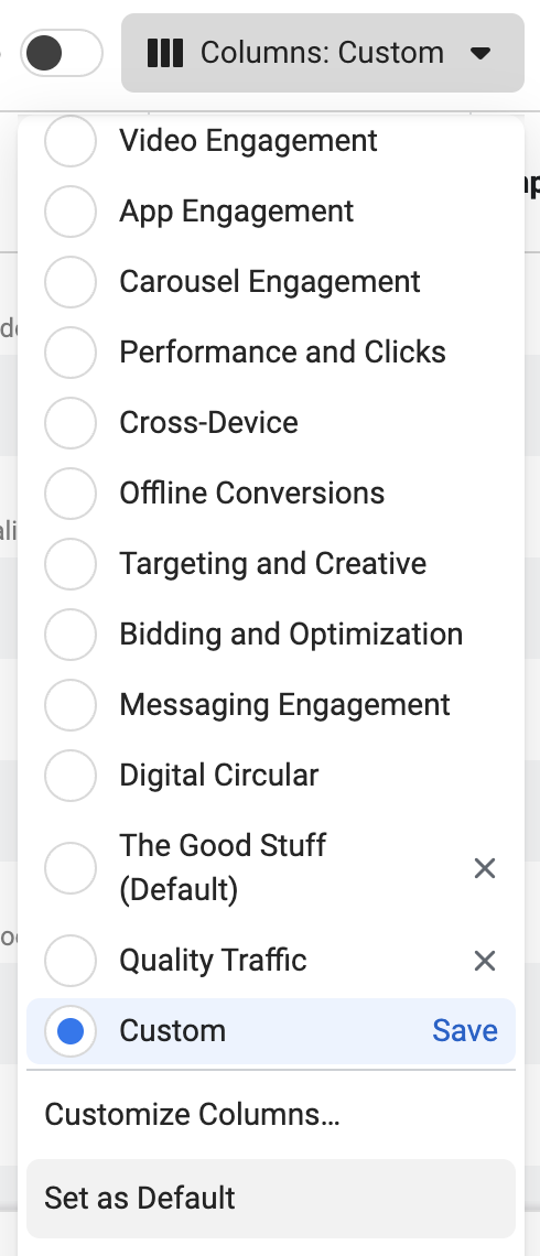 Ads Manager Columns Default