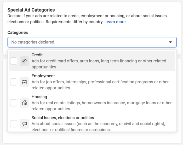 Facebook Special Ad Categories
