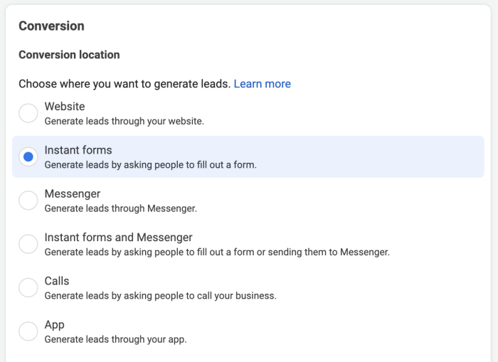 Facebook Lead Ads Conversion Location