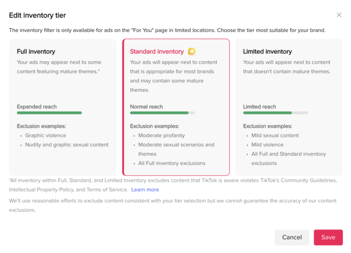 TikTok Ads Inventory Filter