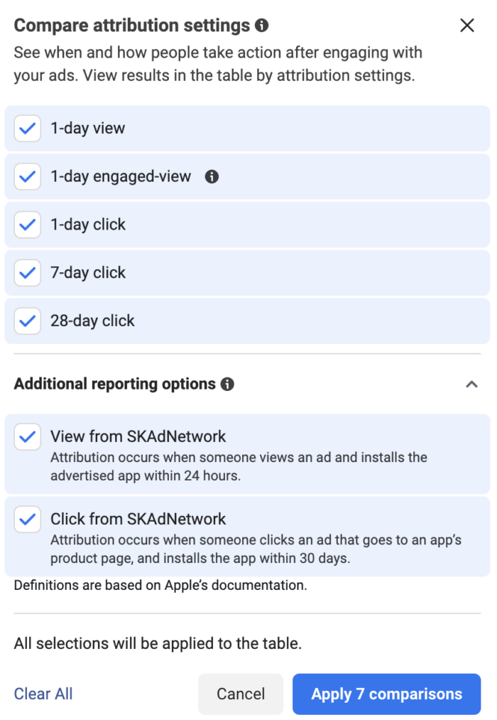 Compare Attribution Settings