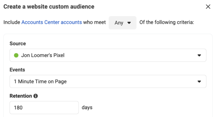 Custom Events Website Custom Audience