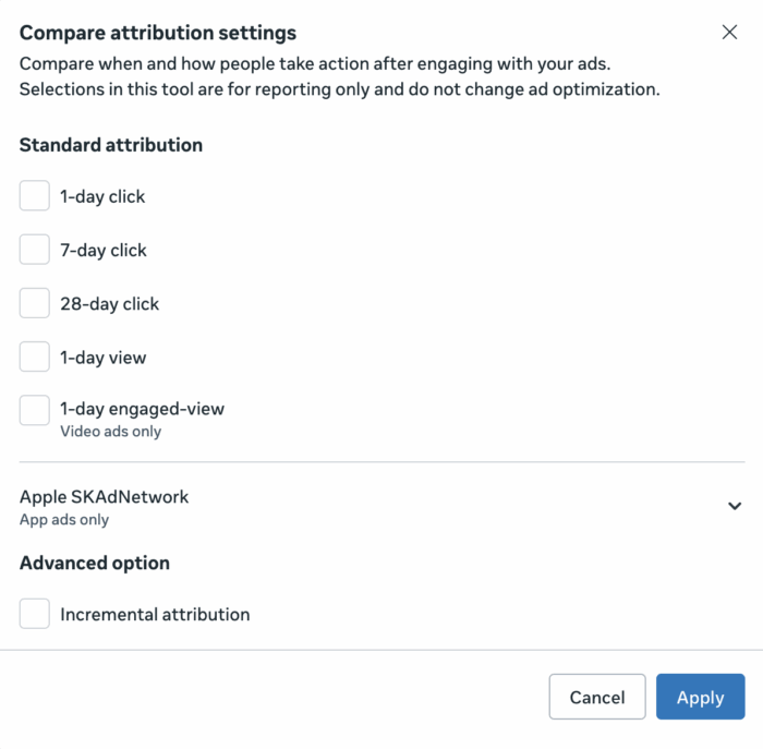 Compare attribution settings