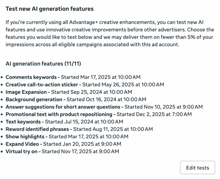 Настройки рекламы Креативные функции