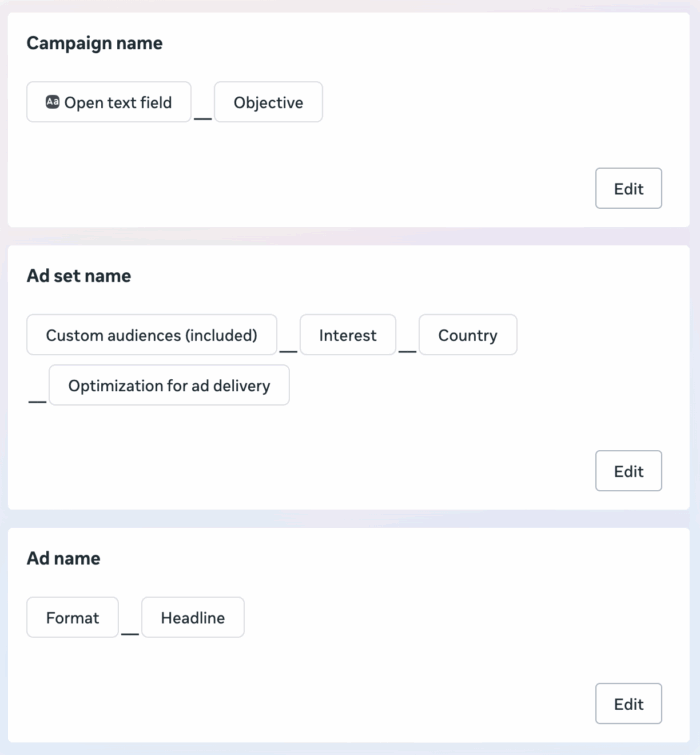 Шаблоны имен настроек рекламы