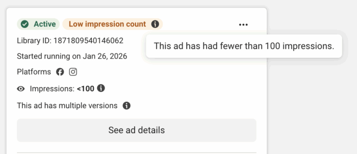Ad Library Fewer than 100 Impressions