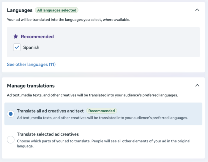 Advantage+ Creative Text Translation