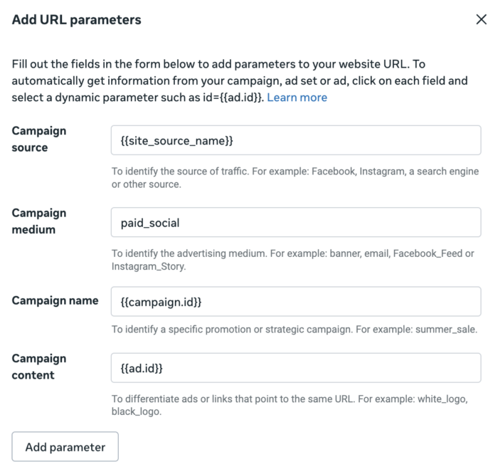 Add URL parameters Meta Ads